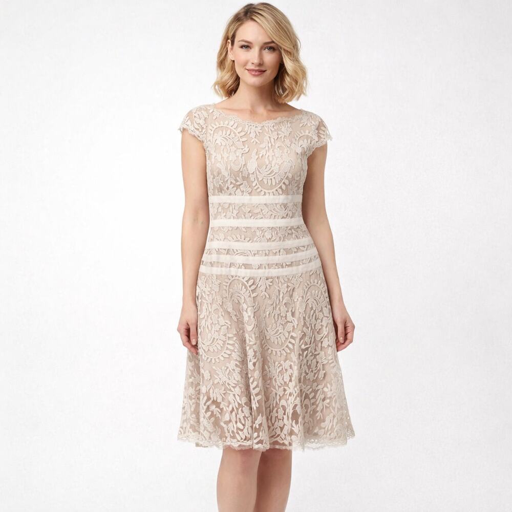 Adrianna Papell Design Cap Sleeve Lace Midi Dress Tan Size 4